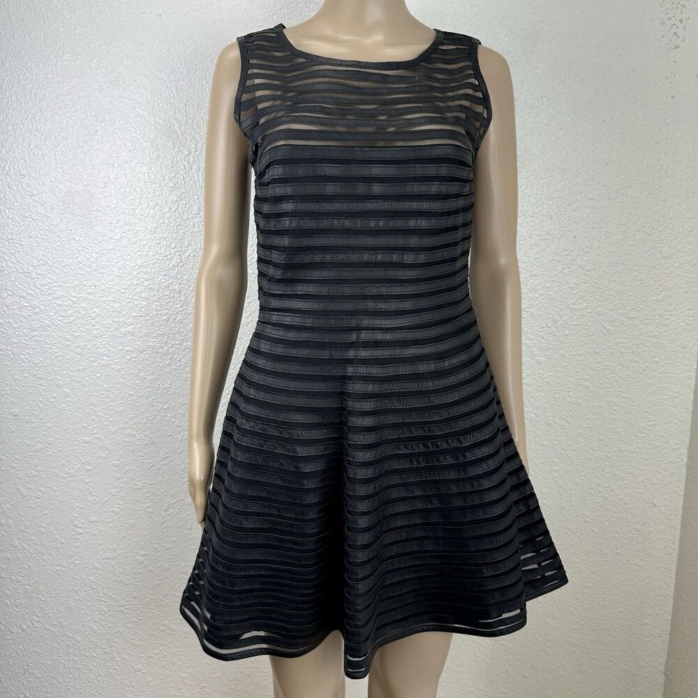 Parker Dress Black Leather Striped Mini Fit Flare Sleeveless Large Office Siren